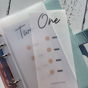 May include: A white sheet of paper with the word "One" written in black cursive. There are four beige circles with the prices $210, $200, $220, and $220 written next to them. The bottom of the sheet says "Chazicreations".