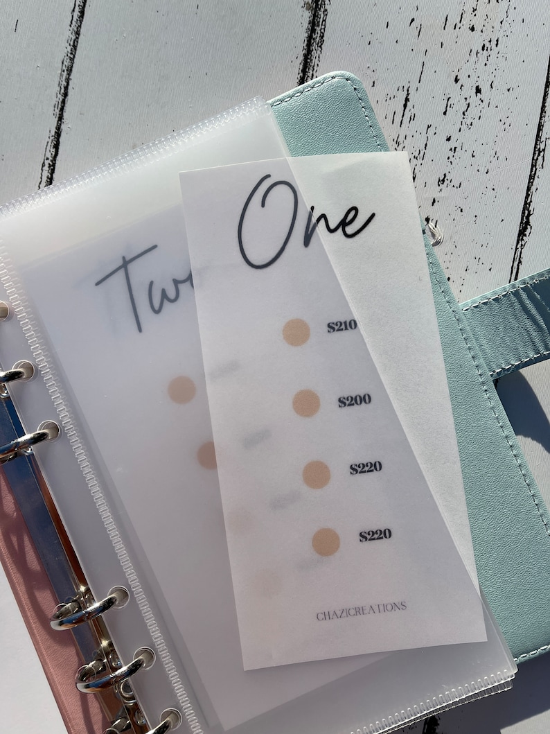May include: A white sheet of paper with the word "One" written in black cursive. There are four beige circles with the prices $210, $200, $220, and $220 written next to them. The bottom of the sheet says "Chazicreations".
