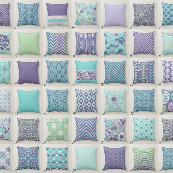 Aqua Purple Throw Pillow Mix and Match Indoor Outdoor Decorative Zippered Cushion Cover Accent Sofa Couch Modern Bedding Mint Poppy Hibiscus