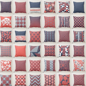 May include: A collection of 36 throw pillow designs featuring various geometric patterns and floral motifs in shades of coral and navy blue.