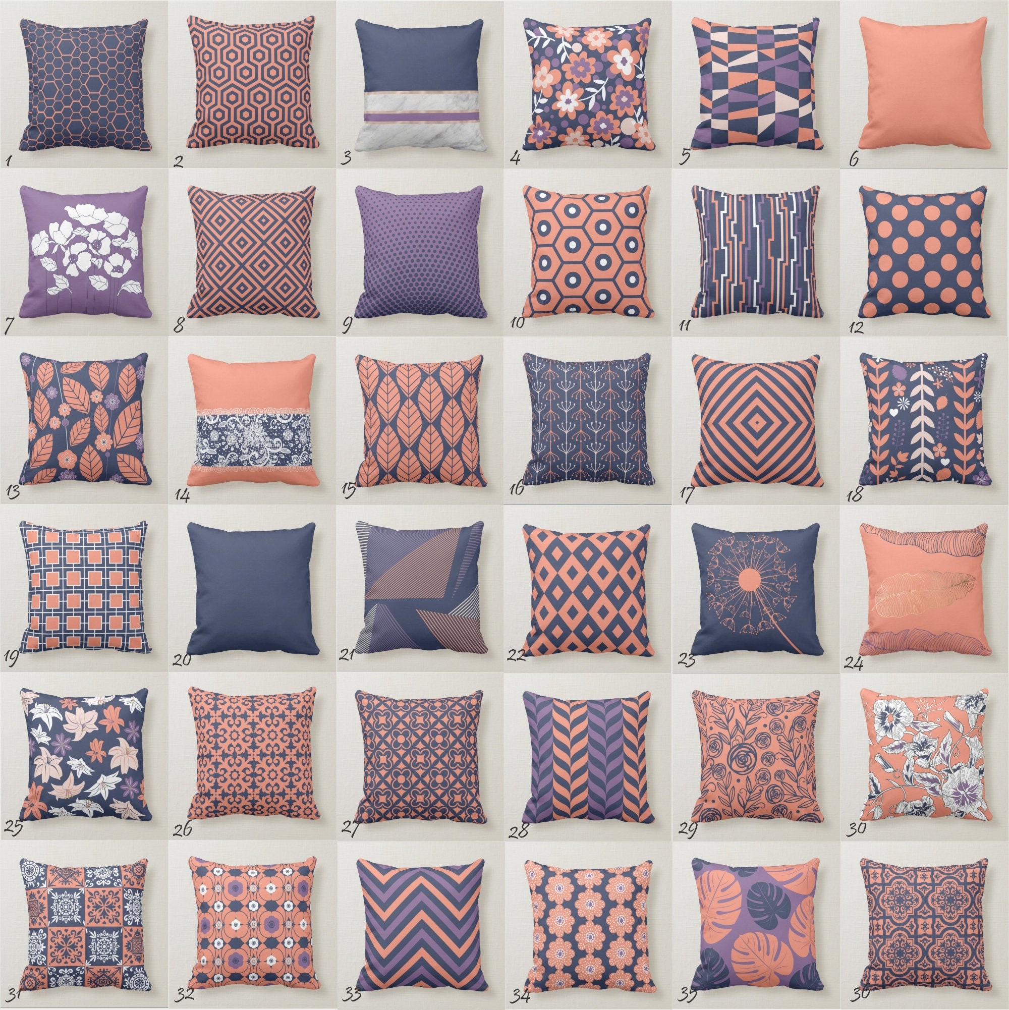 Peach Orange Dark Blue Purple Throw Pillow Mix and Match Etsy