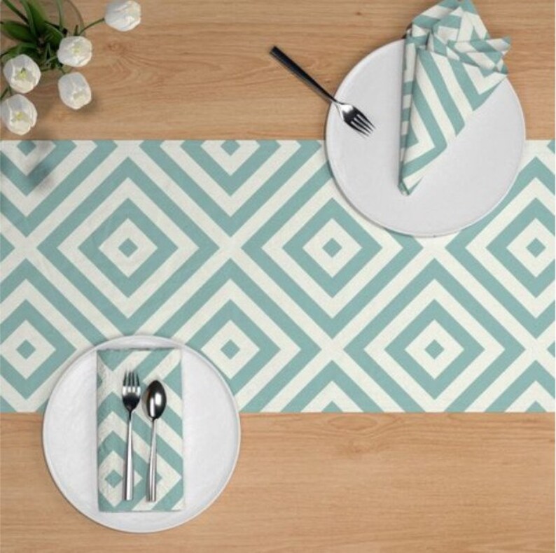 Geometric Duck Egg Table Runner, Square or Rectangular Tablecloth