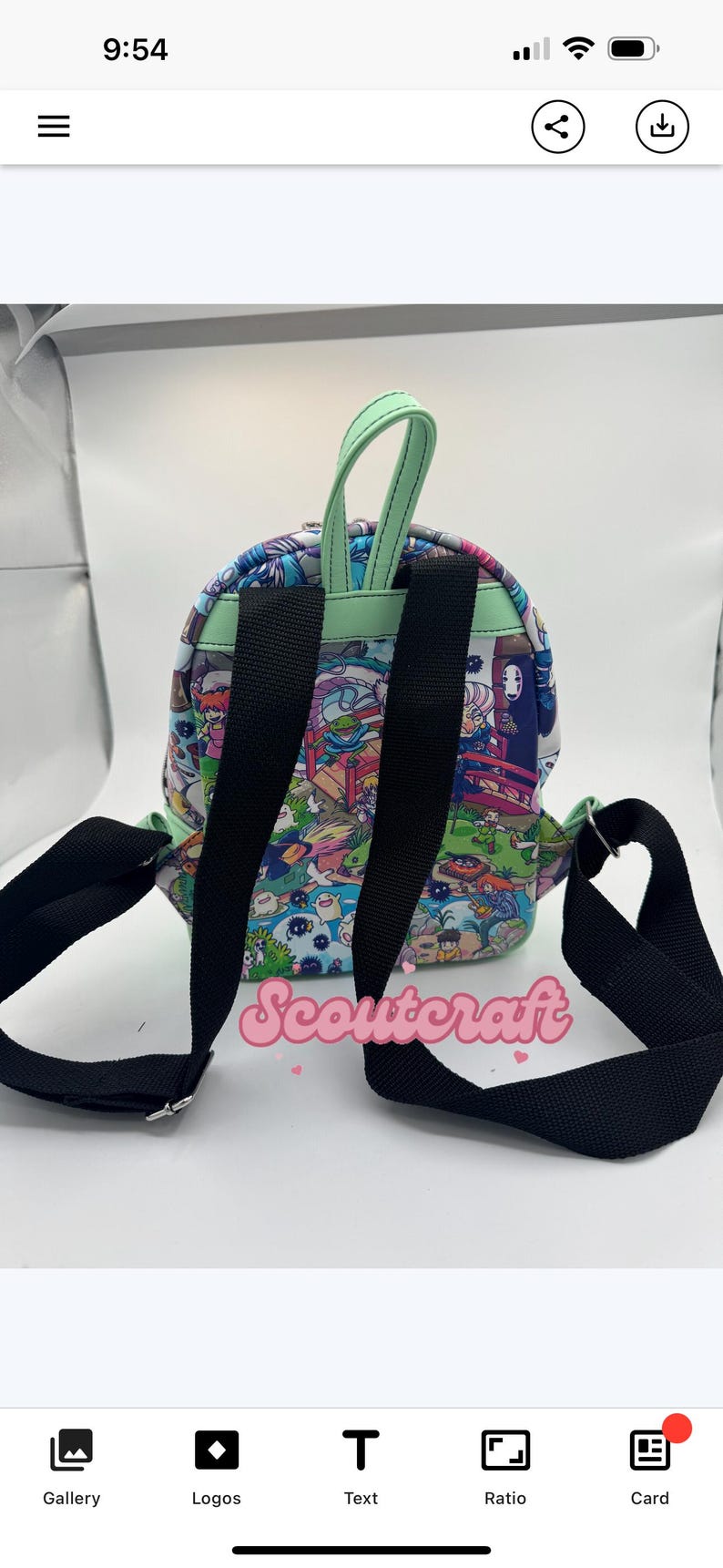May include: Miniature backpack with a colorful anime-style print featuring various characters and scenes. The backpack has black straps and a mint green handle and trim. The text "Scoutcraft" is printed in pink script across the bottom.