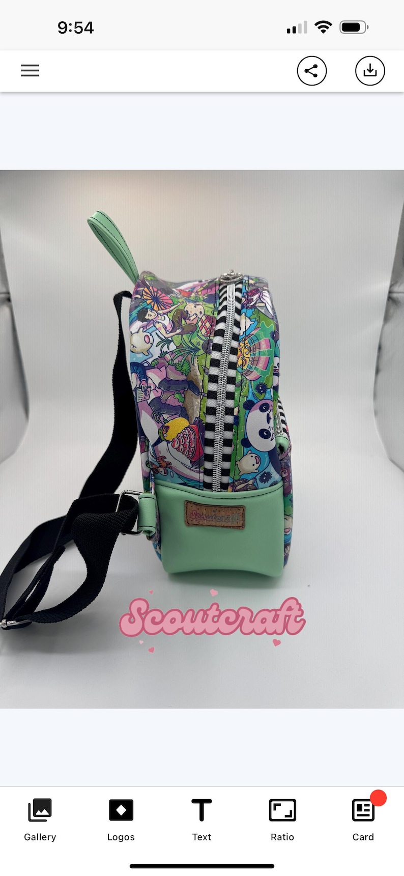 May include: A small, colorful backpack with a cartoon character print. The bag has a mint green front pocket and handle, a black strap, and a black and white striped zipper. The word "Scoutercraft" is written in pink script.