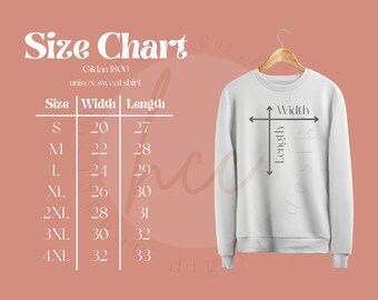 May include: Size chart for a Gildan 1800 unisex sweatshirt. The chart shows the width and length measurements in inches for sizes S through 4XL.