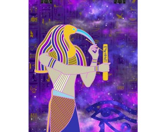 Egyptian Thoth Djehuty Illustration Rolled Poster | Ibis God, Cosmic Purple Background | NOT AI