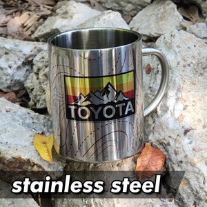 Insulated Stainless Steel Toyota Mountains Heritage Logo Stripes Camping Coffee Mug with Topo Lines