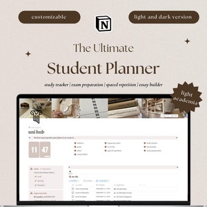 Puede incluir: La pantalla de una computadora portátil que muestra un sitio web para un planificador de estudiantes. El sitio web se titula "The Ultimate Student Planner" y presenta una estética de academia ligera con un esquema de color marrón y crema. El sitio web incluye funciones como un rastreador de estudios, preparación para exámenes, repetición espaciada y un generador de ensayos. El sitio web también incluye una lista de tareas y un calendario.