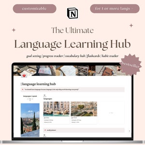 Pode incluir: Um ecrã de computador portátil exibe uma interface de centro de aprendizagem de línguas. O ecrã mostra uma interface personalizável com definição de metas, acompanhamento do progresso, centro de vocabulário, flashcards e recursos de acompanhamento de hábitos. O texto "The Ultimate Language Learning Hub" é exibido. A imagem inclui o texto "bestseller".