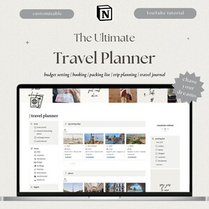 Puede incluir: Una pantalla de computadora portátil que muestra una plantilla de planificador de viajes con secciones para listas de tareas, viajes próximos, lugares, países visitados y una lista de empaque. La plantilla está diseñada en un estilo minimalista con un fondo gris claro y texto negro. La computadora portátil está sobre una superficie gris claro con una estrella blanca en la esquina superior izquierda. El texto "The Ultimate Travel Planner" se muestra sobre la pantalla de la computadora portátil. El texto "budget setting | booking | packing list | trip planning | travel journal" se muestra debajo de la pantalla de la computadora portátil. El texto "chase your dreams" se muestra en un círculo blanco con un diseño de estrella gris en forma de estrella en la esquina superior derecha.