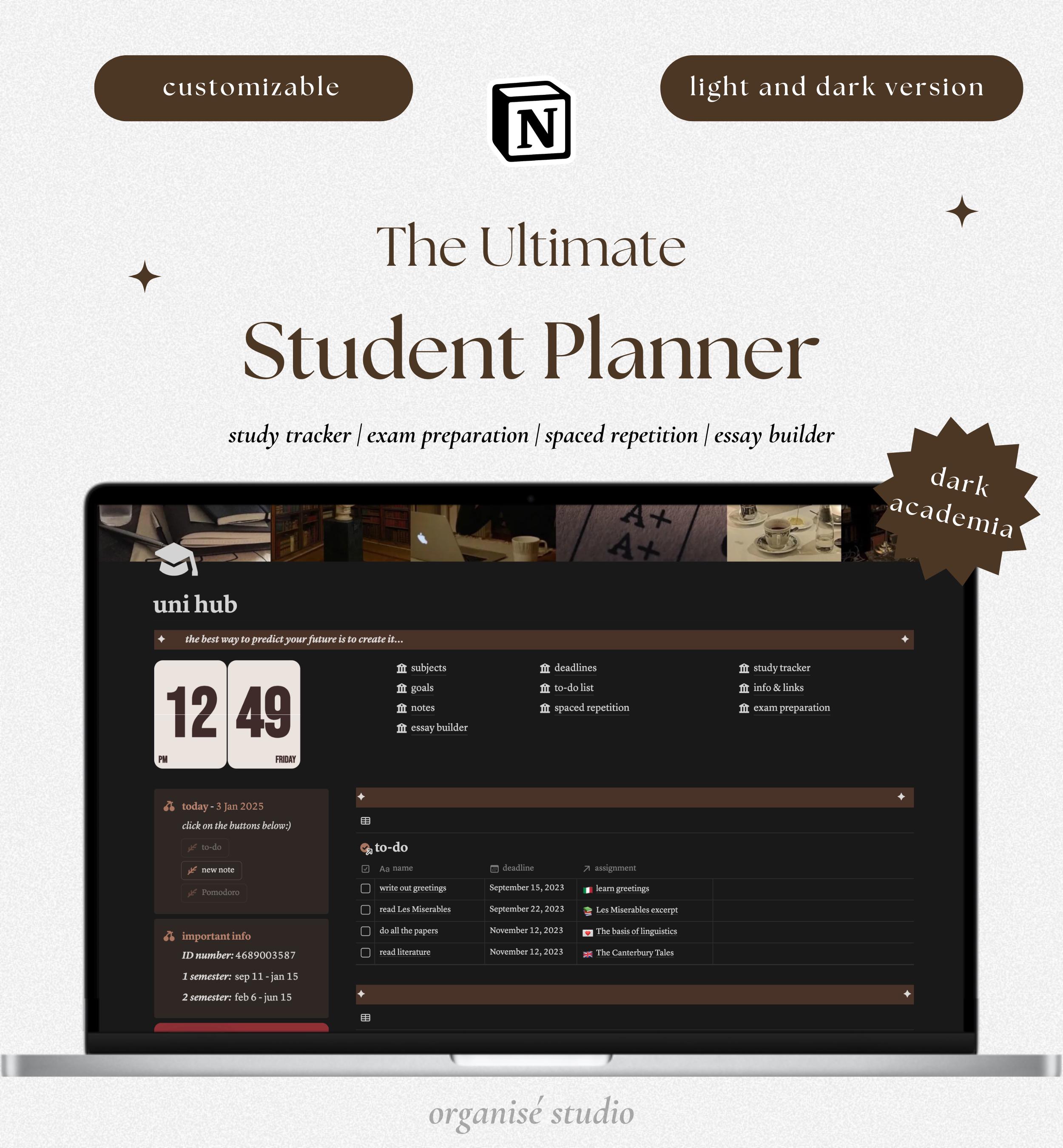 Student Planner Dark Academianotion Template | College Notion Dashboard ...