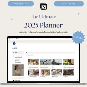 Puede incluir: Una pantalla de computadora portátil que muestra un planificador digital con el texto "The Ultimate 2025 Planner" y un menú con opciones para "planificación de año nuevo", "reflexión 2024", "plan 2025" y "plan de 12 semanas". El planificador está diseñado para la fijación de objetivos, la reflexión, la visión y los hábitos de bienestar.