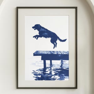 Happy Dog Jumps Off Dock Summertime Dog Sketch Art Coastal Cottage Decor Boat House Artwork Lake Water Pups Print for Dog Lovers Beach Decor