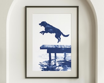 Happy Dog Jumps Off Dock Summertime Dog Sketch Art Coastal Cottage Decor Boat House Artwork Lake Water Pups Print for Dog Lovers Beach Decor