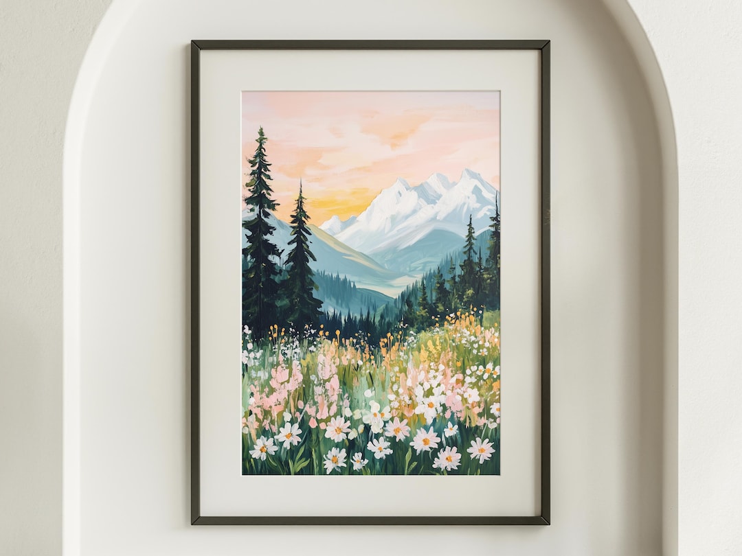 Modern Wildflower Meadow and Mountain Scenery Art Print Colorful Floral ...