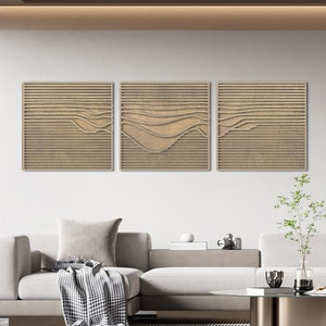 幾何学模様の木製ウォールアートセット：砂漠の山々をモチーフにしたモダンなインテリア