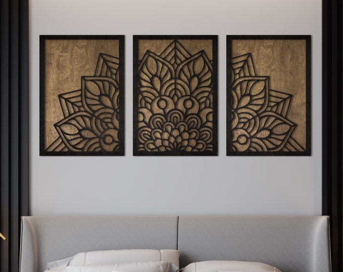 Carved Wooden Wall Art Framed Mandala Large Distressed White Decorative