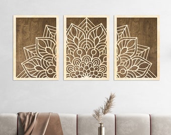Large Mandala Wood Wall Art, Wood Mandala Wall Decor, Mandala Wall Art Set, 3 Panel Wood Wall Art, Mandala Wood Laser Cut