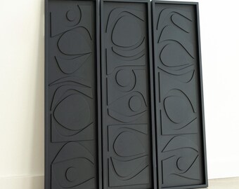 Textured Vertical Wood Wall Art  Set of 3  Premium Panels with Geometric Abstract 3d Pattern, Black Wood Wall Sculpture, Wall Art Panels Set