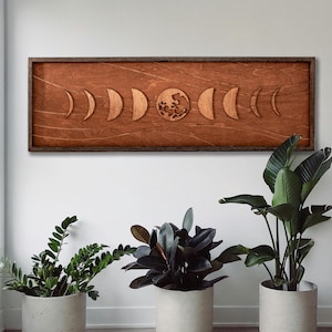 Moon Phase Wall Art, Wooden Frame Wall Decor, Boho Moon Phase Wall Hanging, Boho Lunar, Rustic Moon, Wood Wall Art Half Moon,Spiritual Decor