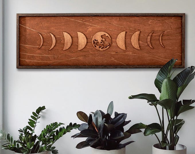 Boho Wood Wall Art, Wall Art Long Moon Phases Wood Wall Decor Bedroom ...