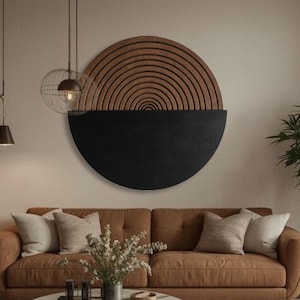 Decorazioni murali rotonde: decorazioni murali in legno, opere d'arte geometriche, arazzi circolari rustici, decorazioni decorative con texture, opere d'arte scultoree da parete.