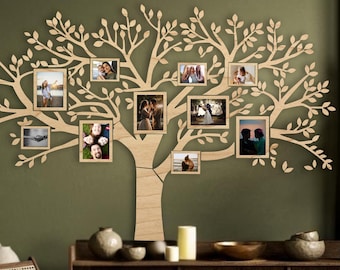 Wood Family Tree Wall Art with Photo Frames, Personalized Christmas Gift for Parents, Grandparents & Loved Ones, Handmade Wooden Home Decor
