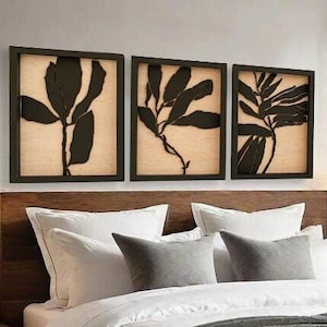 Leaf Wood Work Art, Botanical Leaf Wall Decor, Abstract Leaf Wall Art, Wood Wall Art Flowers Boho Mid Century, Wood Wall Art Panel, Set of 3