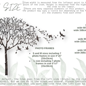 May include: Wooden tree wall art with photo frames and flying birds. Available in S, M, and L sizes. S and M sizes include 7 photo frames in 10x15cm. L size includes 7 photo frames in 15x18cm. Sizes: S (168cm wide, 127cm tall), M (220cm wide, 165cm tall), L (268cm wide, 203cm tall).