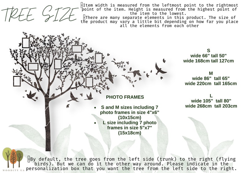 May include: Wooden tree wall art with photo frames and flying birds. Available in S, M, and L sizes. S and M sizes include 7 photo frames in 10x15cm. L size includes 7 photo frames in 15x18cm. Sizes: S (168cm wide, 127cm tall), M (220cm wide, 165cm tall), L (268cm wide, 203cm tall).