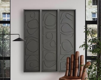 Vertical Wood Wall Art Long Set of 3 Panels with Geometric Abstract 3d Pattern, Black Wood Wall Sculpture, Minimalist Wall Art Set
