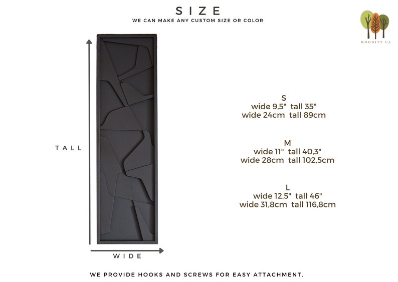May include: A black wooden wall art piece with a geometric design. The art piece is available in three sizes: small (9.5 inches wide by 35 inches tall), medium (11 inches wide by 40.3 inches tall), and large (12.5 inches wide by 46 inches tall).