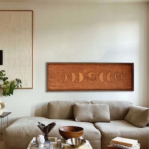 Wood Moon Phase Wall Art, Above Bed Wall Art Framed, Mid Century Modern Decor, Boho Moon Phase, Housewarming Gift, Rustic Wall Art