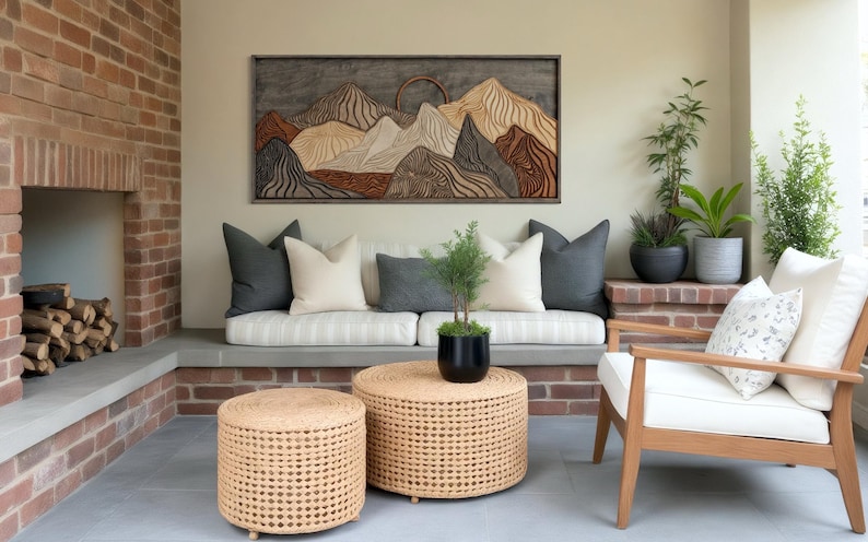 Handcrafted mountain range wall decor - carved wooden landscape art with sun terracotta rust natural wood