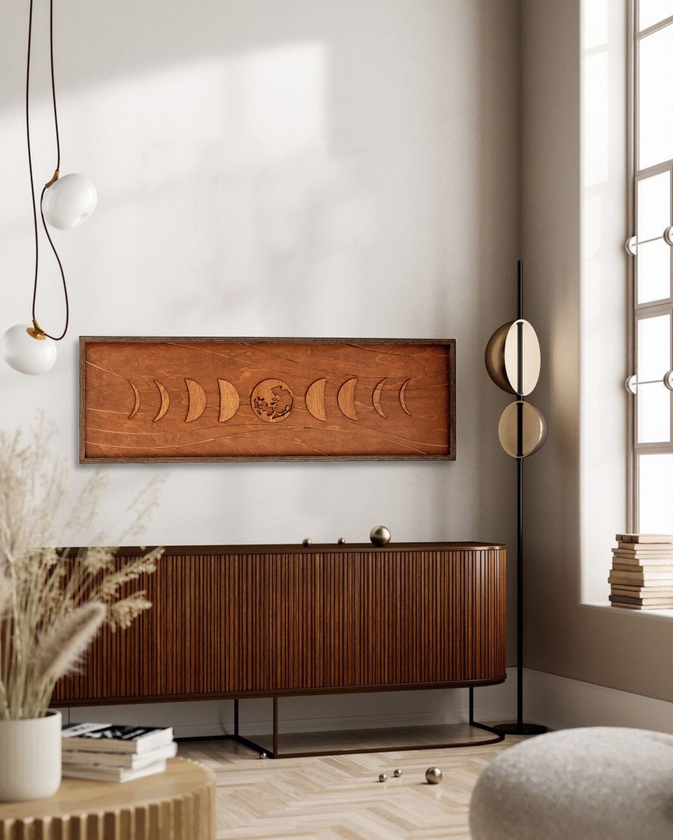 Wood Moon Phase Wall Art: Framed Mid Century Modern Boho Decor, Custom ...