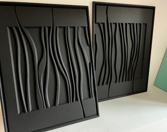 Wabi Sabi Black Wood Wall Art Panels Set Of 2, Housewarming Gift Wall Art, Textured Wall Art, Geometric Wall Art, Green Wall Decor