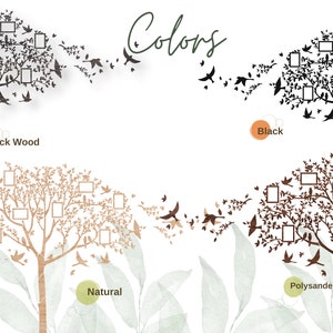May include: Image of four tree-shaped wall art designs in black wood, black, natural, and polysander. Each tree has photo frames and decorative birds. The word "Colors" is written in green script.