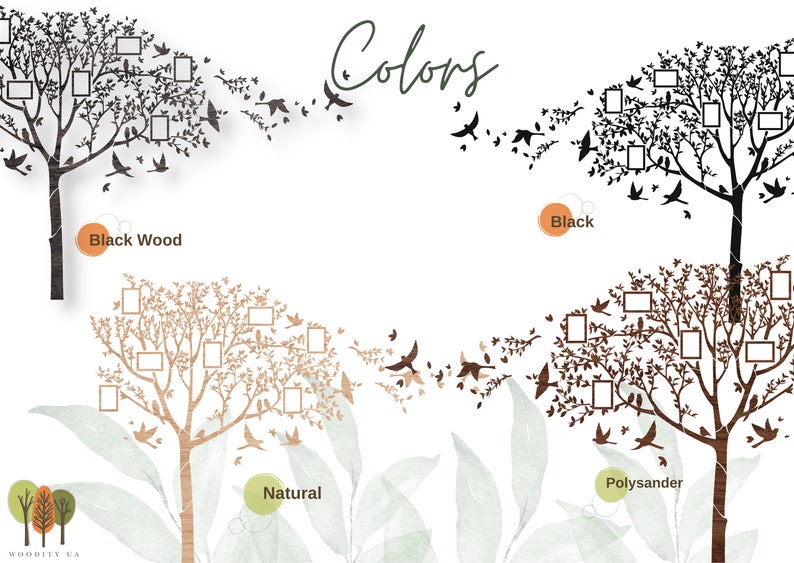 May include: Image of four tree-shaped wall art designs in black wood, black, natural, and polysander. Each tree has photo frames and decorative birds. The word "Colors" is written in green script.