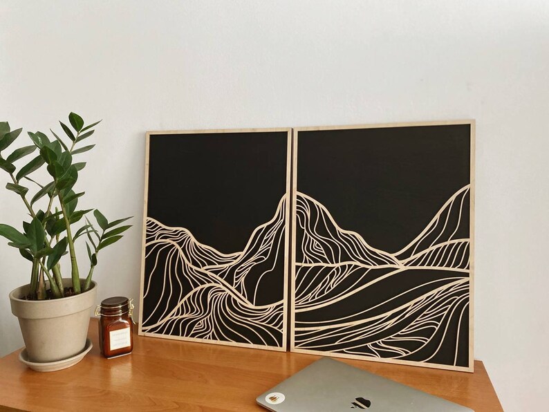 Mountain Wall Art Modern Wood Wall Art Set Mountain Modern Etsy