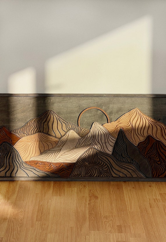 Mountain Wood Wall Art Panel, 3 Layered Wooden Landscape, Framed Mountain Artwork, Rustic Farmhouse Art, Mountain Lover Gift