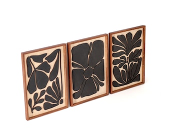Boho Floral Wood Wall Art: Mid-Century Modern Tropical Leaf, Set of 3, Premium Modern Wood Wall Art