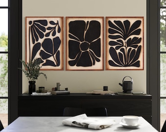 Juego de 3 piezas de arte mural de madera con flores abstractas, arte mural personalizado de madera, regalo floral bohemio para inauguración de la casa, arte de madera personalizable, arte mural para mamá