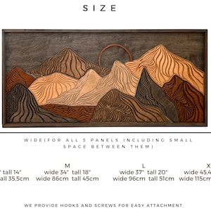 Puede incluir: Un arte de pared rectangular de madera que presenta un paisaje monta&ntilde;oso en capas con un sol circular. El dise&ntilde;o utiliza varios tonos y texturas de madera. Las opciones de tama&ntilde;o van desde 67 cm de ancho por 35,5 cm de alto hasta 115 cm por 61 cm.