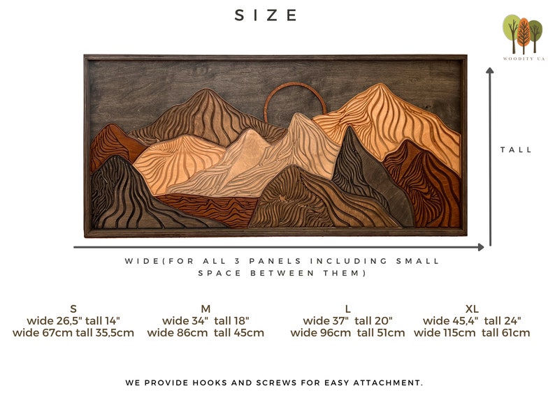 Puede incluir: Un arte de pared rectangular de madera que presenta un paisaje monta&ntilde;oso en capas con un sol circular. El dise&ntilde;o utiliza varios tonos y texturas de madera. Las opciones de tama&ntilde;o van desde 67 cm de ancho por 35,5 cm de alto hasta 115 cm por 61 cm.