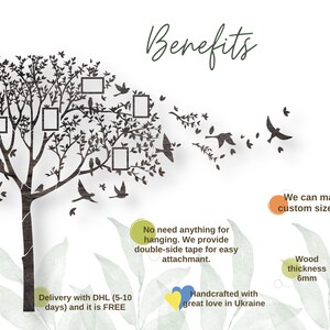 May include: A wooden tree decoration with photo frames and bird silhouettes. The tree is dark brown with a light brown trunk. The image includes the text "Benefits" and "We can make your custom size or color."