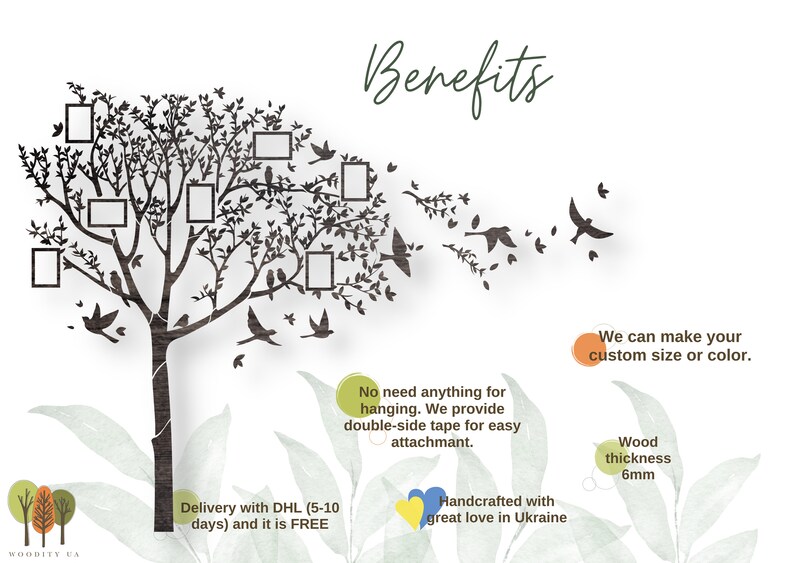 May include: A wooden tree decoration with photo frames and bird silhouettes. The tree is dark brown with a light brown trunk. The image includes the text "Benefits" and "We can make your custom size or color."