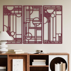 Cuadros de madera de Frank Lloyd Wright / Decoración de madera de mediados de siglo / Obra de arte geométrica moderna de mediados de siglo / Juego de 3 paneles / Regalos de arquitectura de interiores