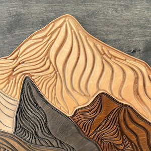 Puede incluir: Una pieza de arte mural de madera en capas que presenta una cordillera estilizada. El dise&ntilde;o consiste en l&iacute;neas talladas de estilo topogr&aacute;fico en varios tonos de madera clara natural, marr&oacute;n medio y gris carb&oacute;n oscuro.