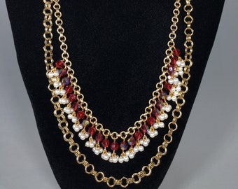 Radiant Red Statement Necklace, Iridescent Glass Crystals, Lustrous White Faux Pearls, Repurposed Assemblage, Sparkling Bling, Gold Tones