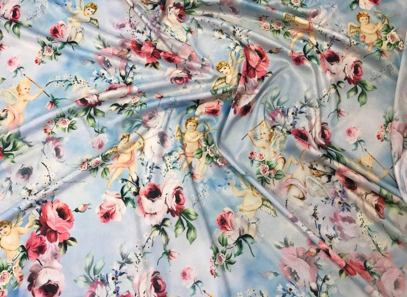 Angels Fabric. Pique Jersey Angels in Sky Fabric Cherub Jersey Fabric Renaissance Painting Fabric